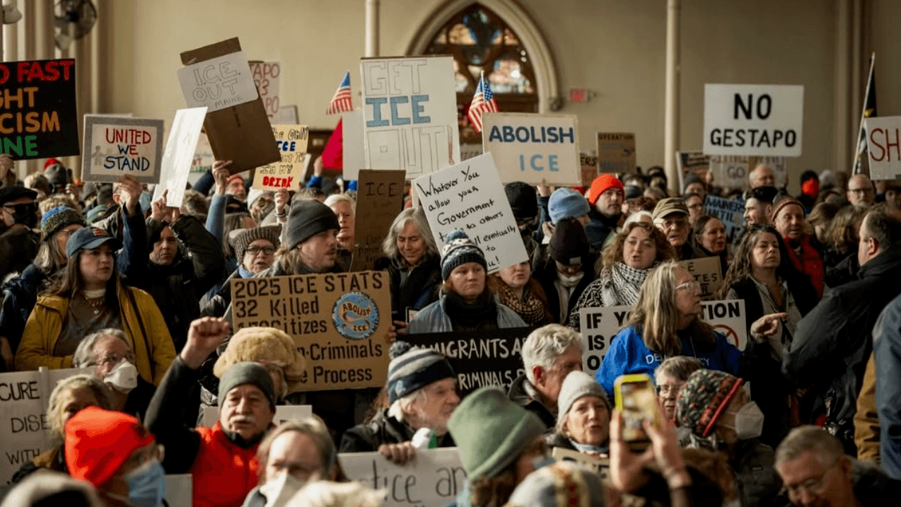 Photo: Community Organizing Alliance - “ICE Out” rally in Lewiston, Maine, 1/24/2026. (Photo Credit: Erin Towns)